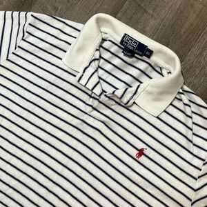 Vintage Polo Ralph Lauren White Blue Stripe Short Sleeve Polo Shirt‎ Mens XL